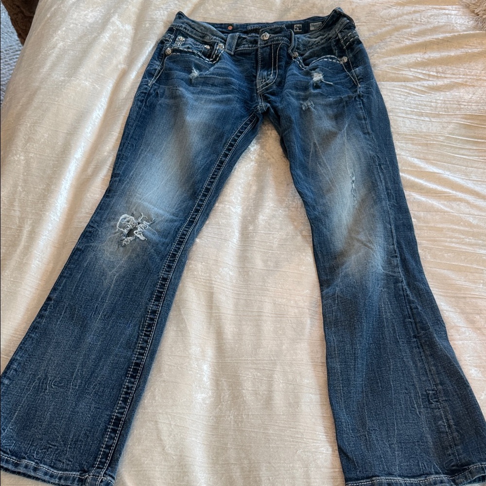 Miss Me Distressed Flare Jeans - Dark Blue